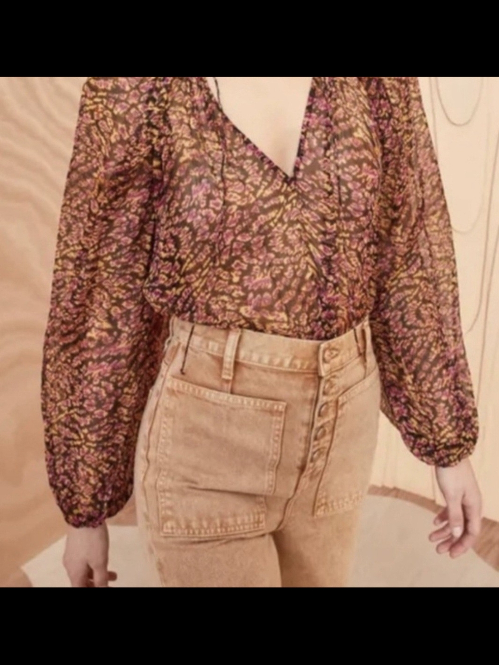 Ulla Johnson Floral V-Neck Balloon Sleeve Blouse - Pink & Brown